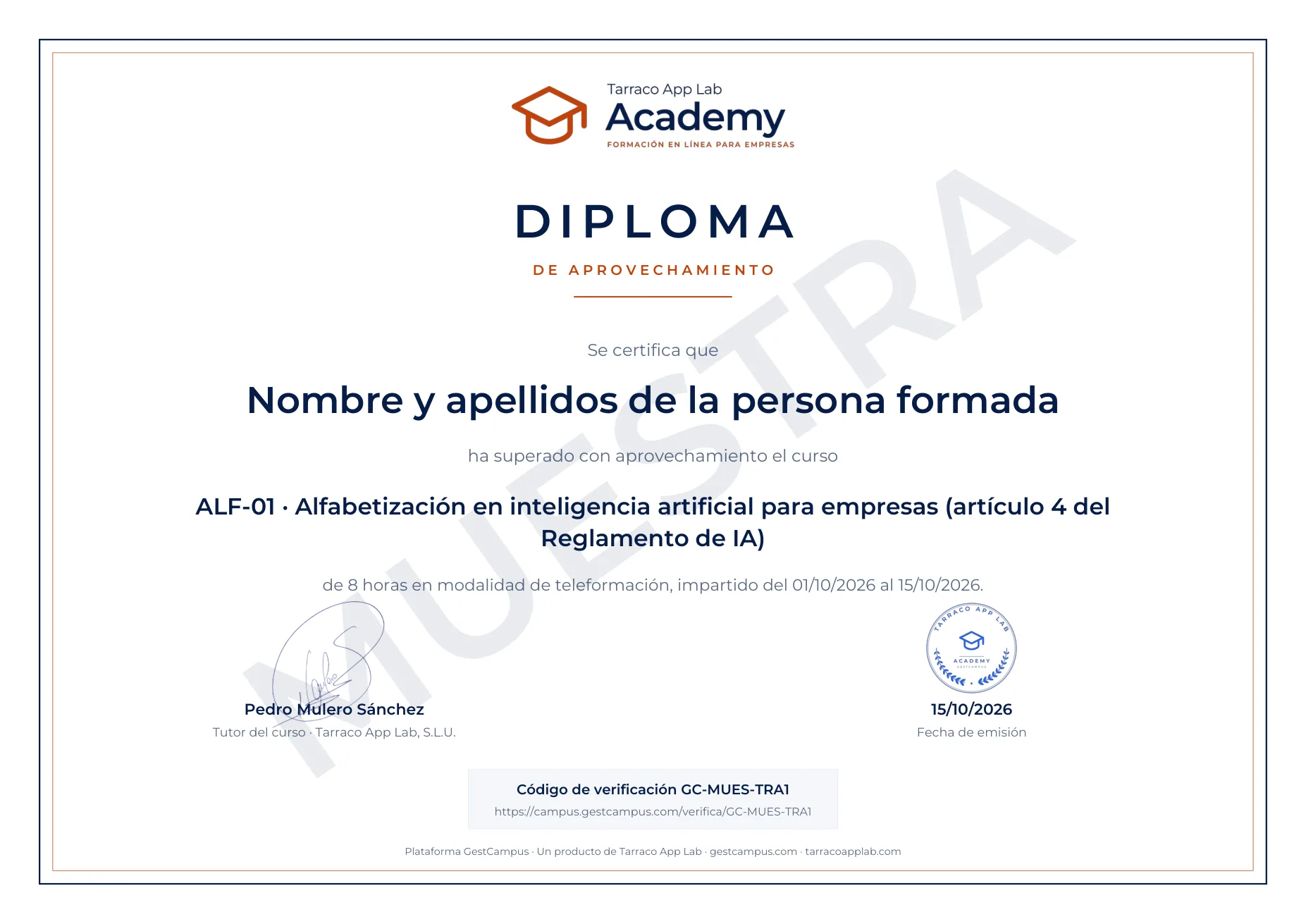 Muestra del diploma del curso ALF-01 con el nombre de la persona, el curso, las horas y el código de verificación