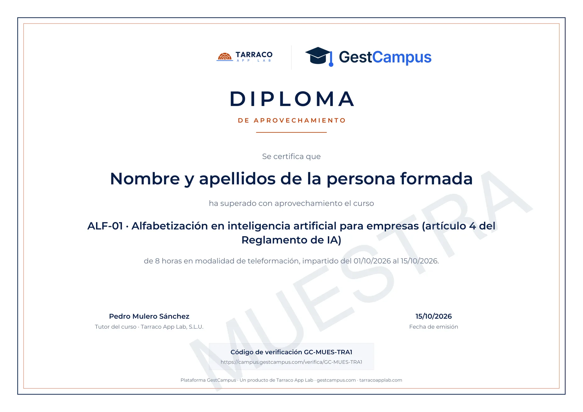 Muestra del diploma del curso ALF-01 con el nombre de la persona, el curso, las horas y el código de verificación