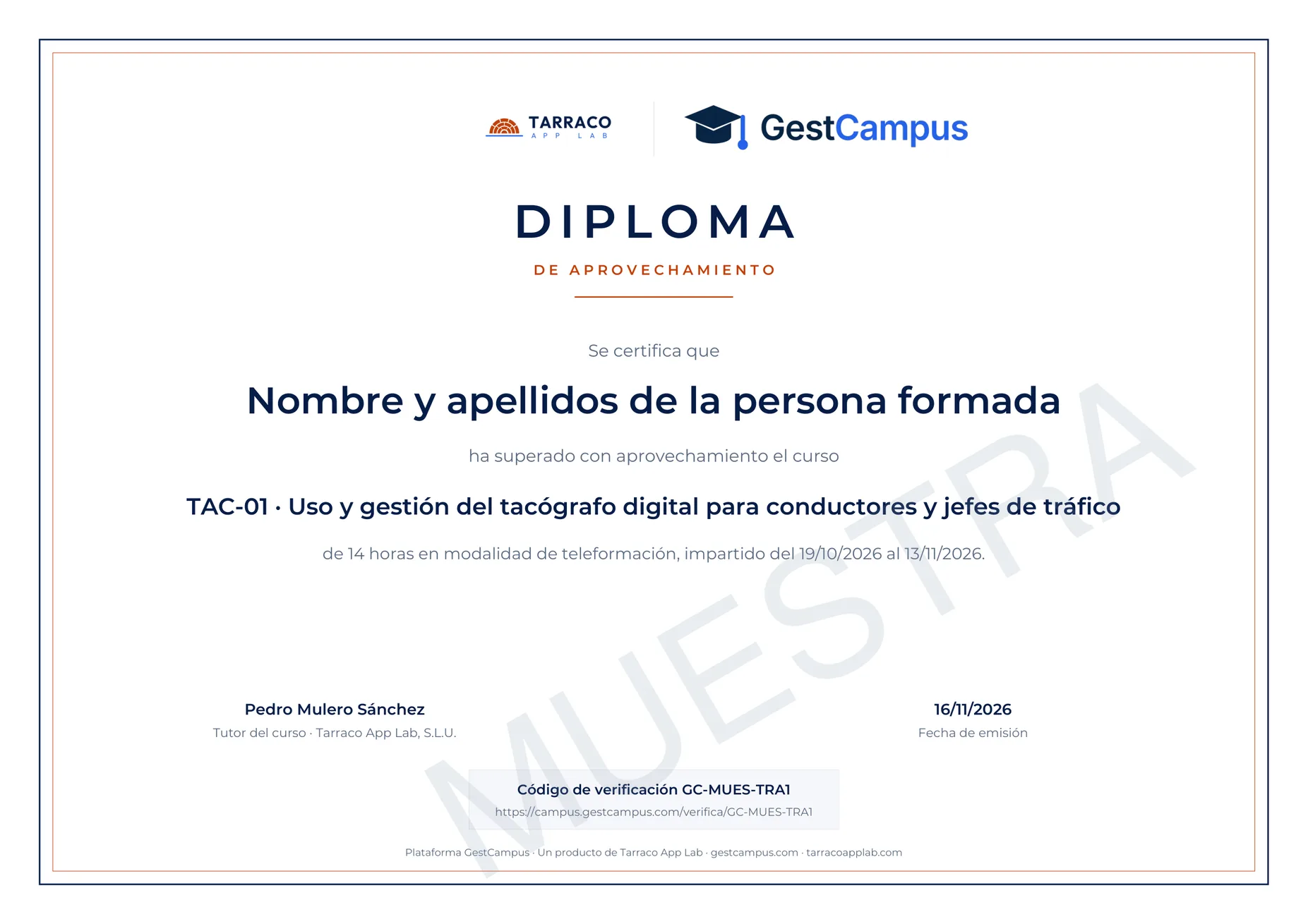 Muestra del diploma del curso TAC-01 con el nombre de la persona, el curso, las horas y el código de verificación